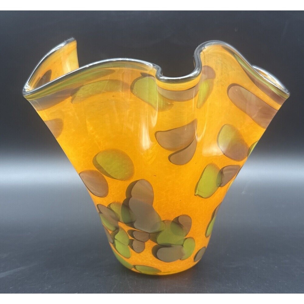 Jariufatoy Glass By Youghiogheny Art Glass ORANGE GREEN GRAY Handkerchief Vase - Picture 2 of 10
